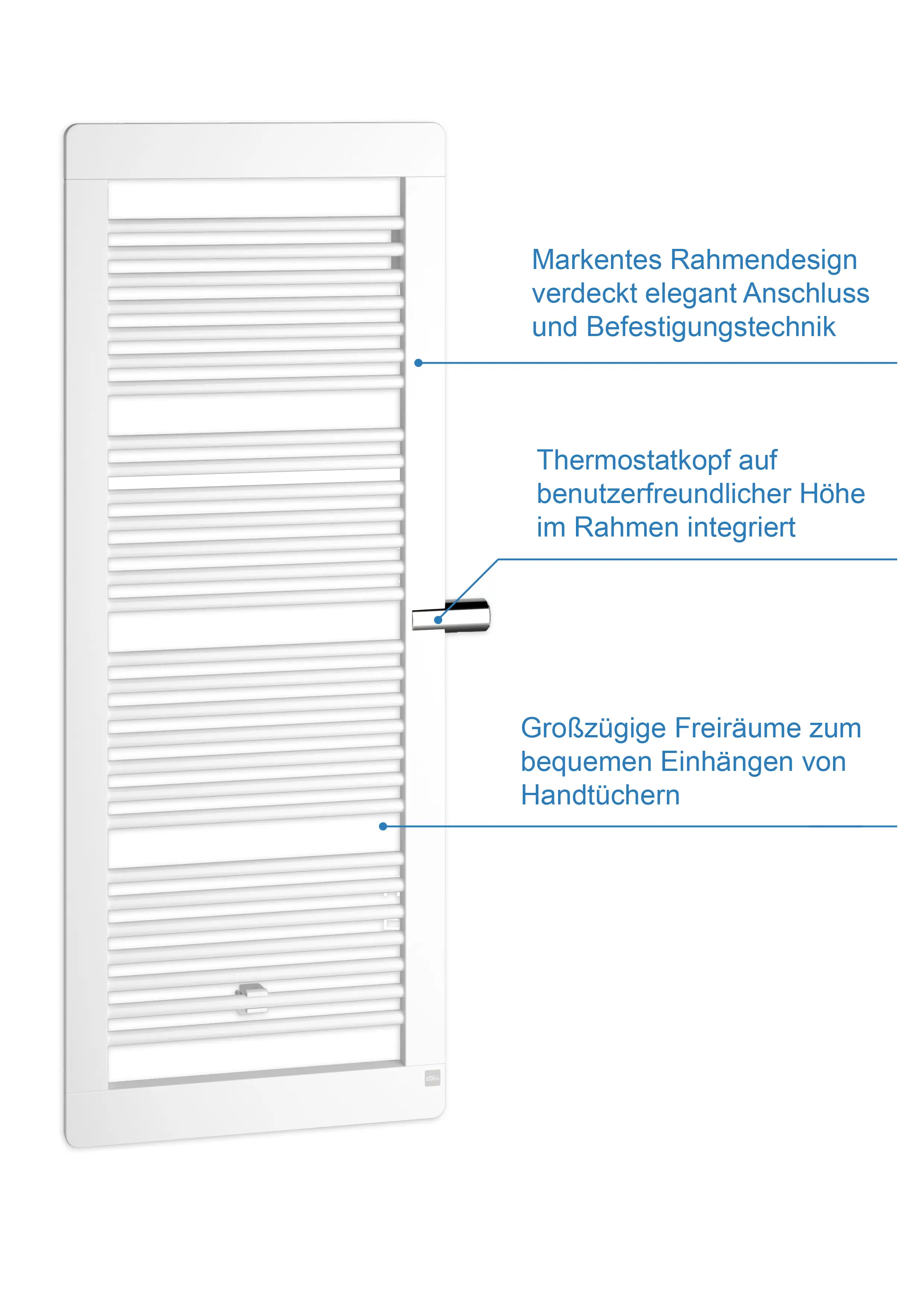 Weißer Kermi-Heizkörper mit Längsrippen-Design, integriertem Thermostatkopf und großzügigen Freiräumen für Handtücher. Montiert an heller Wand.